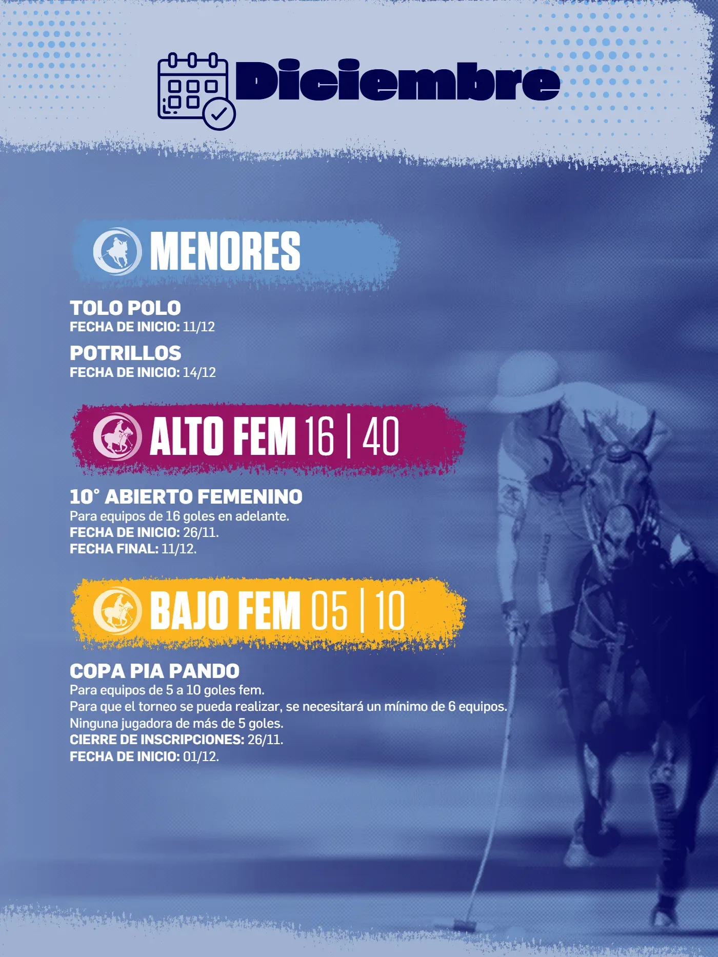 Calendario AAP Primavera 2026, página 11 de 12: Diciembre, categorías Menores, Alto Femenino y Bajo Femenino